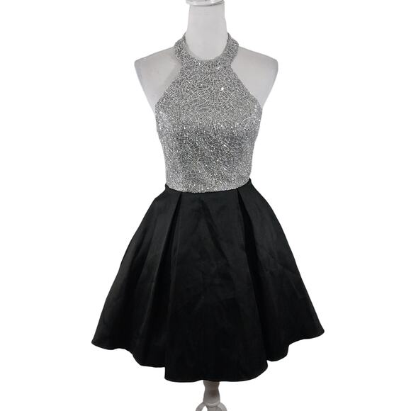 B. DARLIN! LUXE BLACK SATIN & SILVER SEQUINNED HALTER TIE BODICE DRESS! SZ 5/6 - Picture 2 of 11